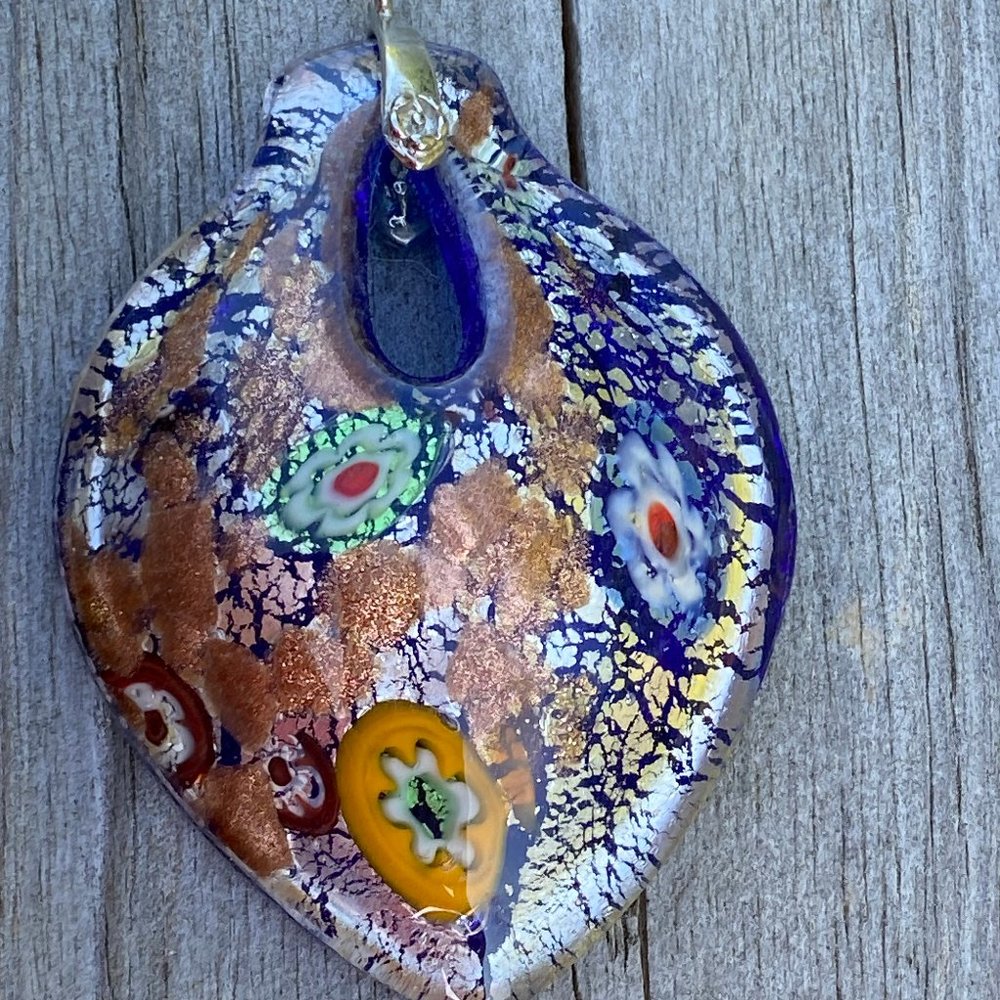 Beautiful Floral Millefiori Glass Pendant Multicolor Flowers 2 1/2" x 2 3/4"